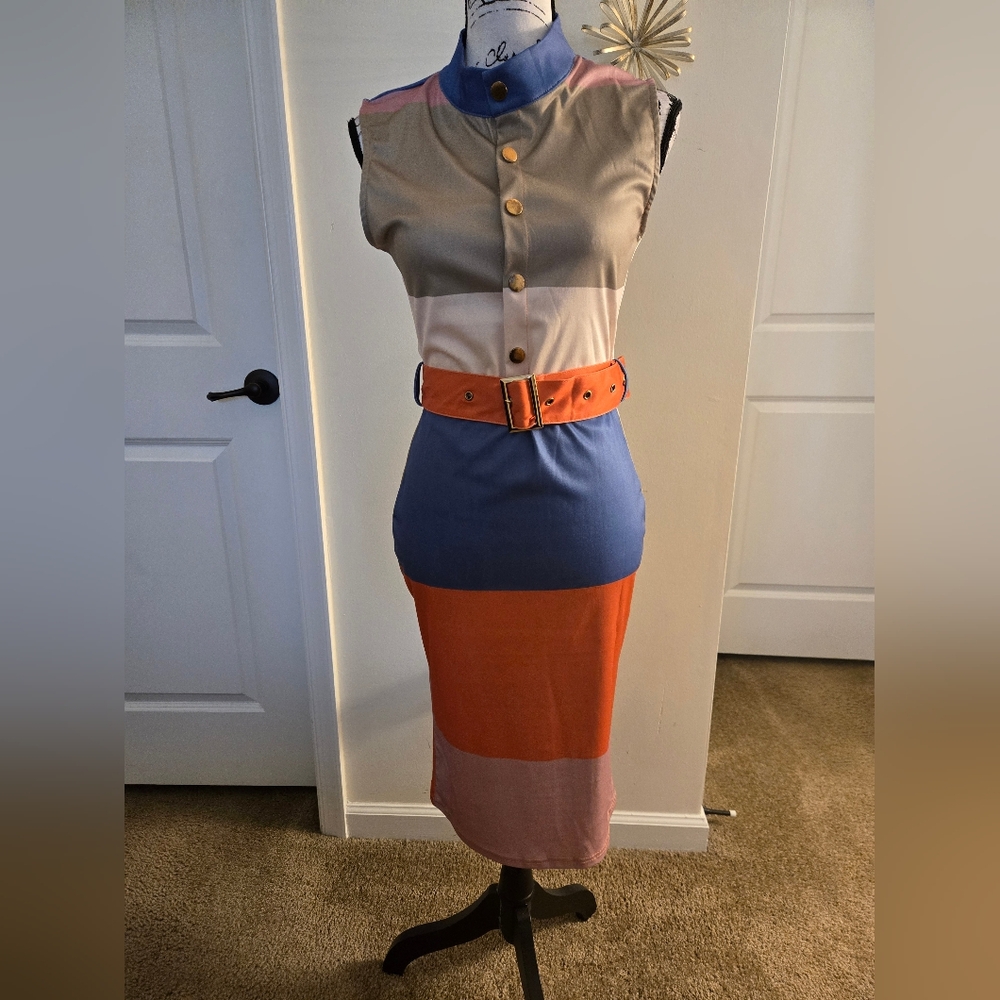 Chic Me ~ Striped Print Colorblock Knit Short Sleeve Button Design Skinny Dress